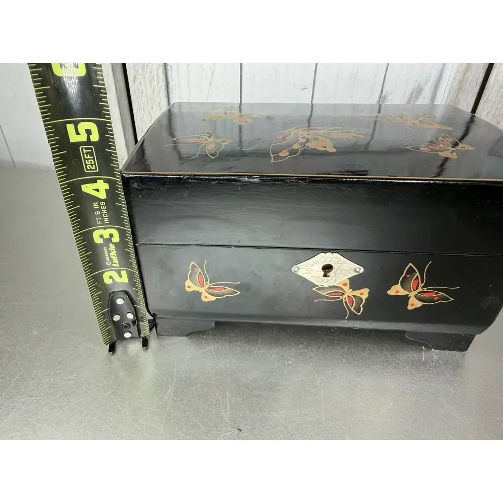 VTG Japanese Lacquered Hand Painted Butterfly Jewelry Music Box Faceted Mirror